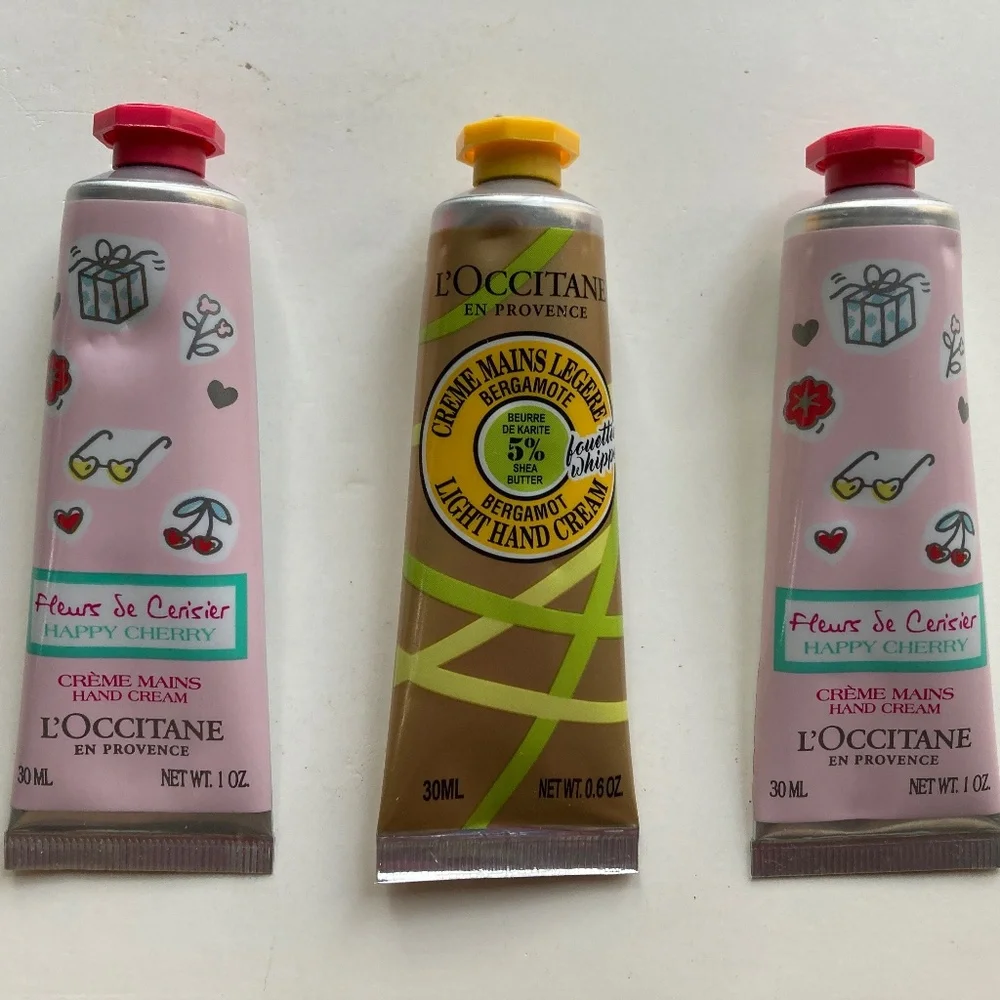 L'Occitane 2 Happy Cherry Hand Cream(1 oz.)/1 Bergamot Light Hand Cream(0.6 oz)